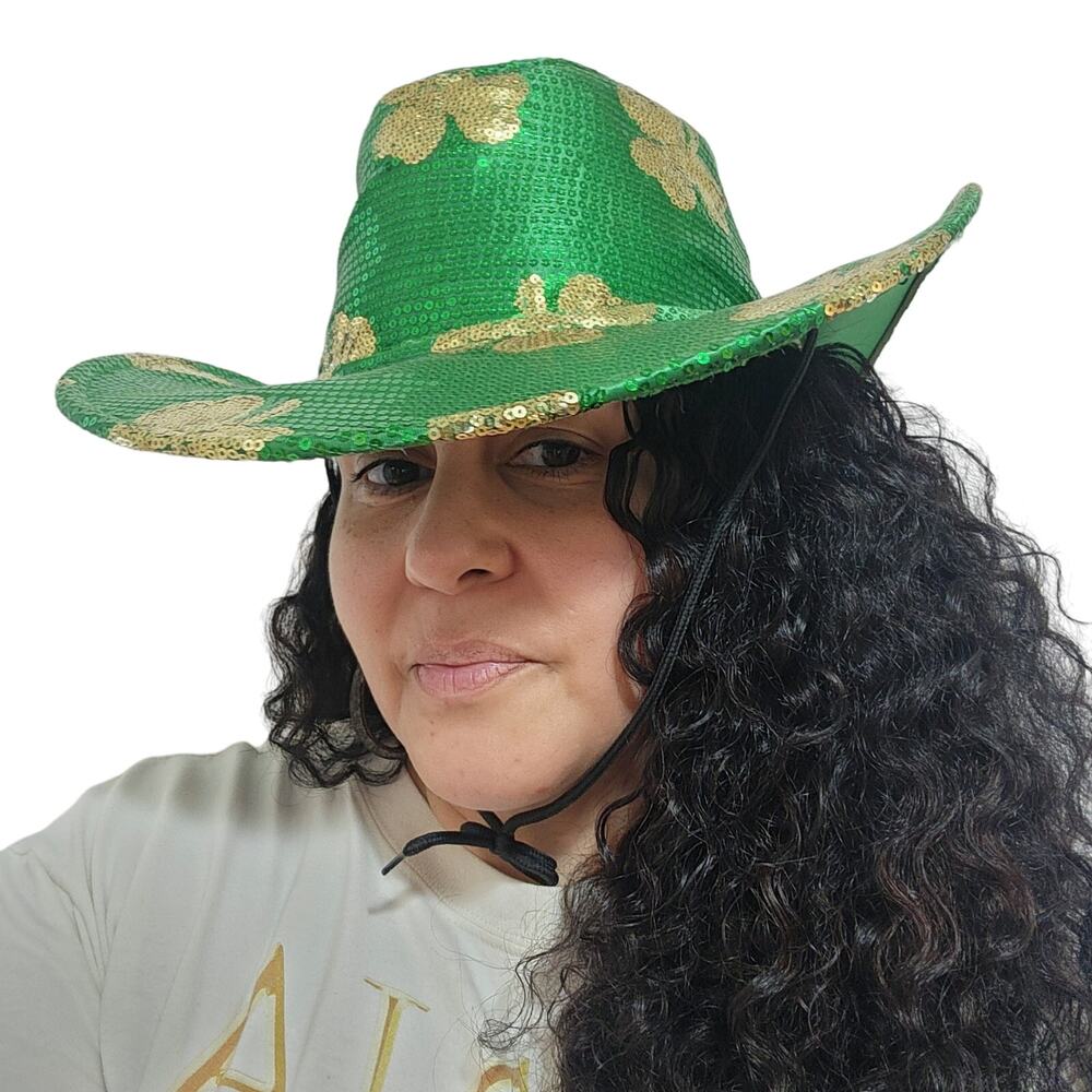 St. Patrick's Shamrock Cowboy Hat Sequin Green/Gold‎ Costume Party 4 Leaf Clover